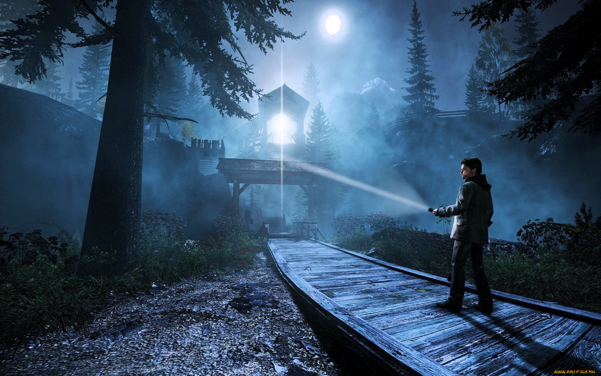 Обои Видео Игры Alan Wake, обои для рабочего стола, фотографии видео игры,  alan wake, мужчина, фонарь, дорога, лес, строения Обои для рабочего стола,  скачать обои картинки заставки на рабочий стол.